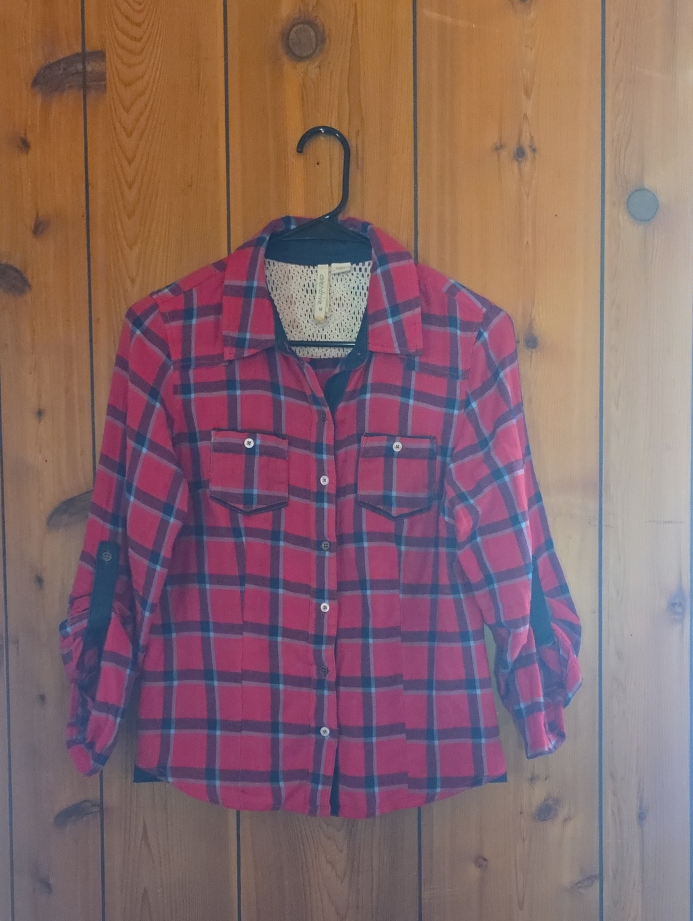 Red Plaid Button-Down Shirt with Chest Pockets